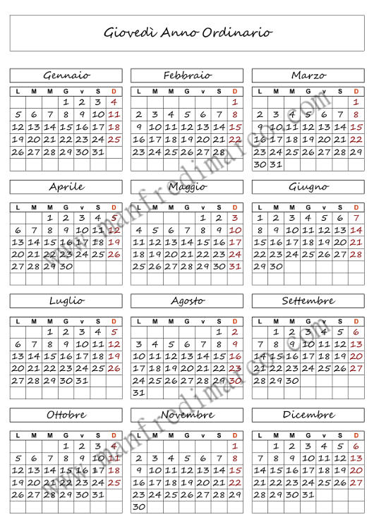 Calendario perpetuo da stampare_giovedì_anno_ord